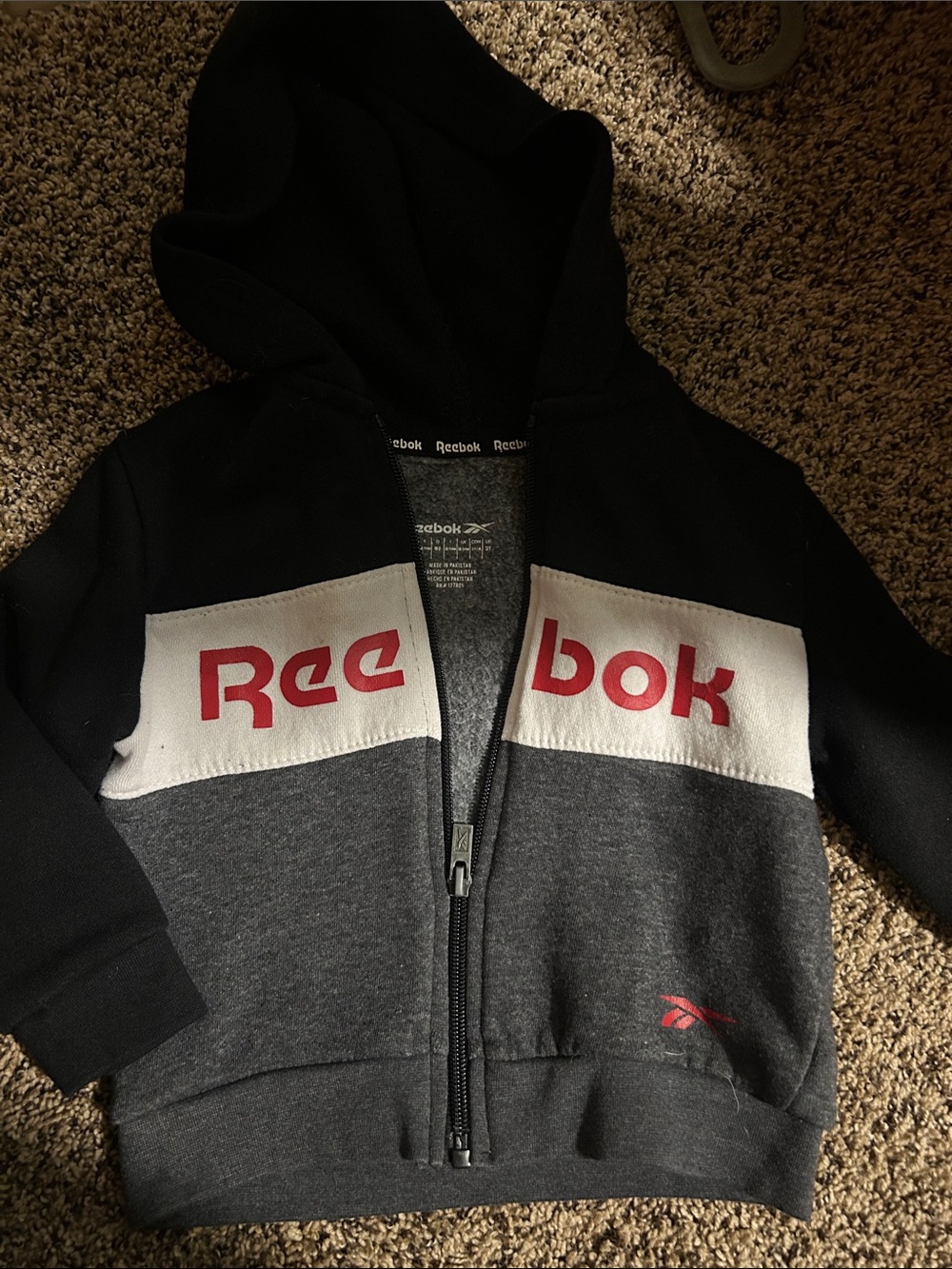 Reebok Black, Gray & White Kids' Zip Hoodie with Red Logo